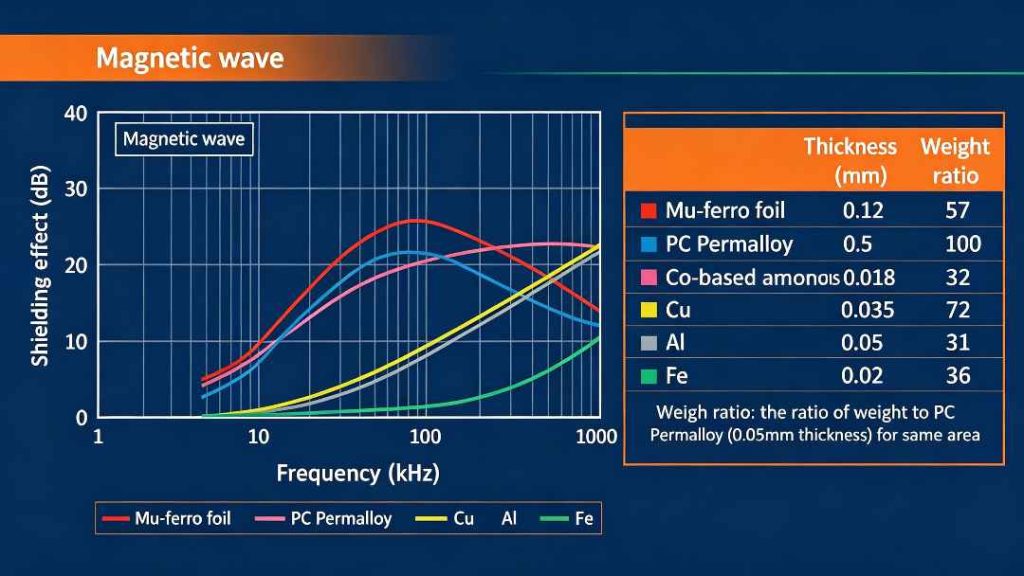 Mu-ferro foil Shielding effect of magnetic wave vs. frequency
